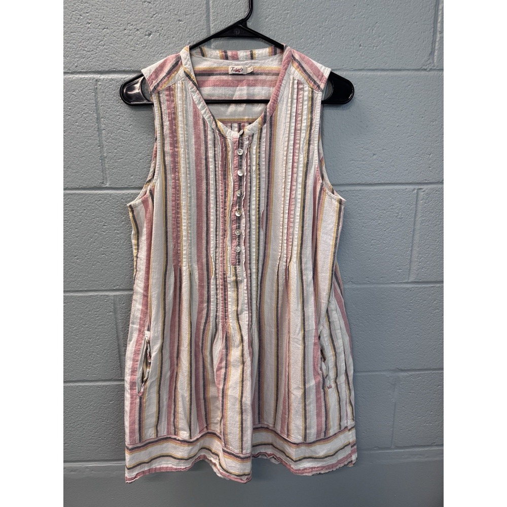 Faherty Size L Multi Stripe Cotton Linen Henley Sleeveless Beach Dress Tunic